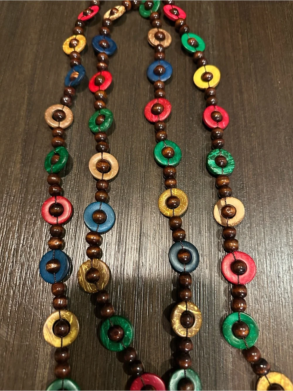 Vintage Bohemian Long Multi-Color Wood & Coconut Shell Disc Strand Neckla